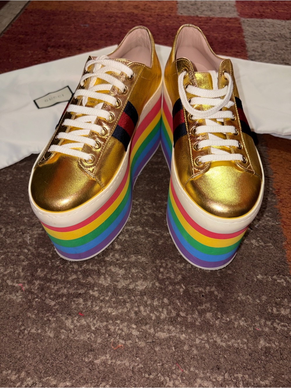 Gucci Gold Leather Platform Sneakers with Rainbow Layered Sole